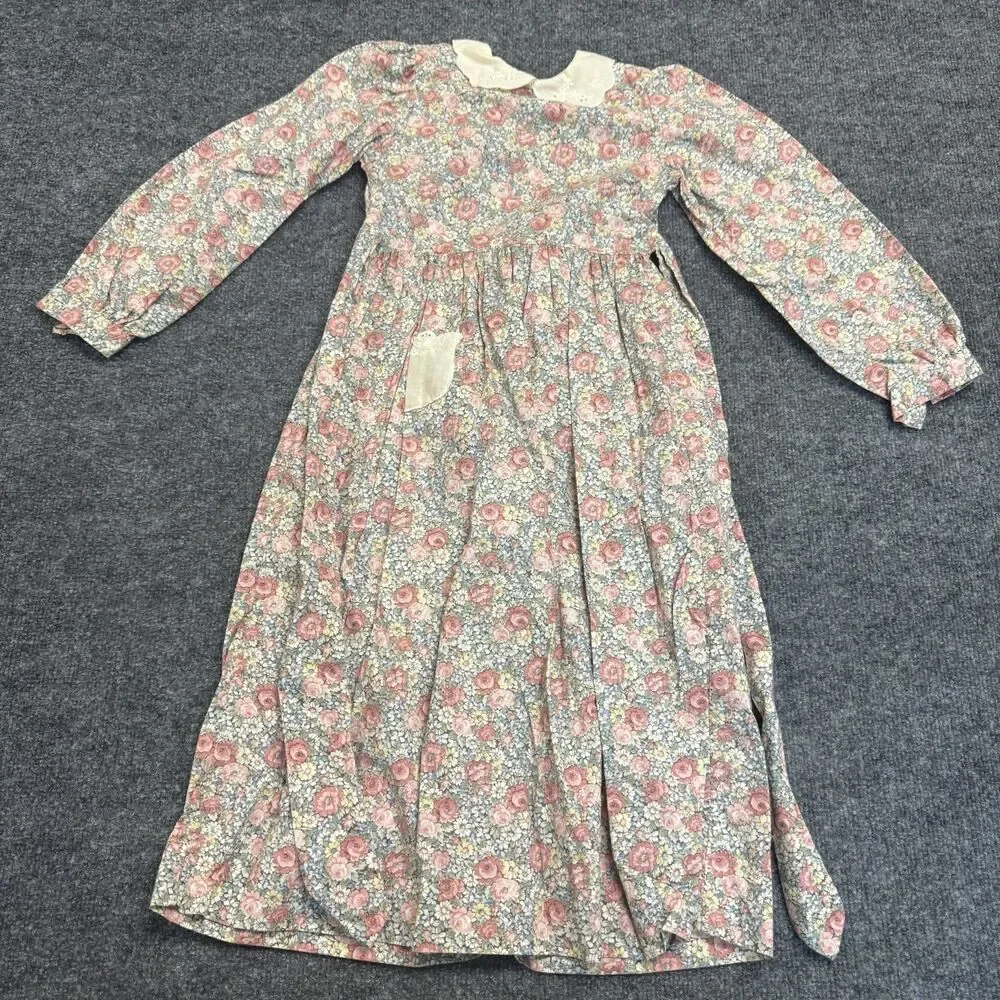 Vintage Colonial Prairie Peasant 70s 80s Girls Dress Floral Long Sleeve Sz 1 USA